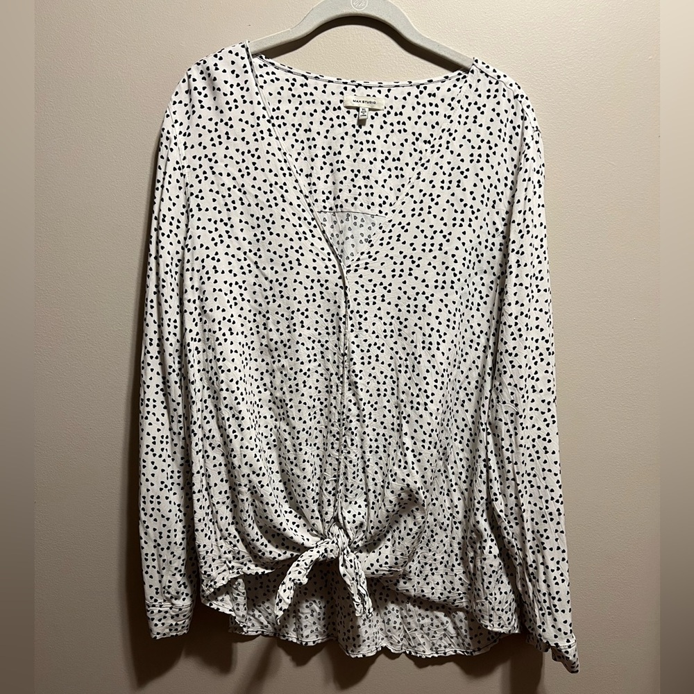 Max Studio White Black Heart Polka Long Sleeve Blouse Button Down Soft Preppy XL